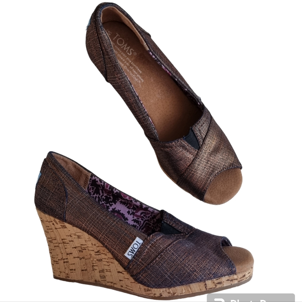 TOMS Metallic Brown Peep-Toe Cork Wedges
